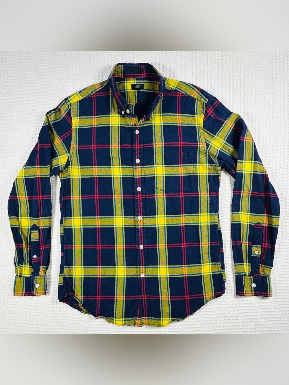 J.Crew Mens Slim Fit Oxford Shirt M Medium Plaid Long Sleeve Navy Yellow FA13